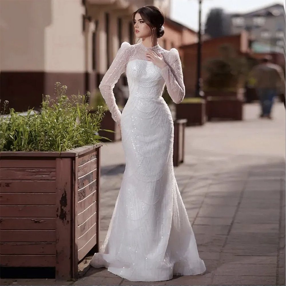 2024 Elegante abito da sposa musulmano le donne Maniche lunghe Sirena con strascico staccabile Collo alto Perle Perline Abiti da sposa Abiti personalizzati Abiti da Noiva