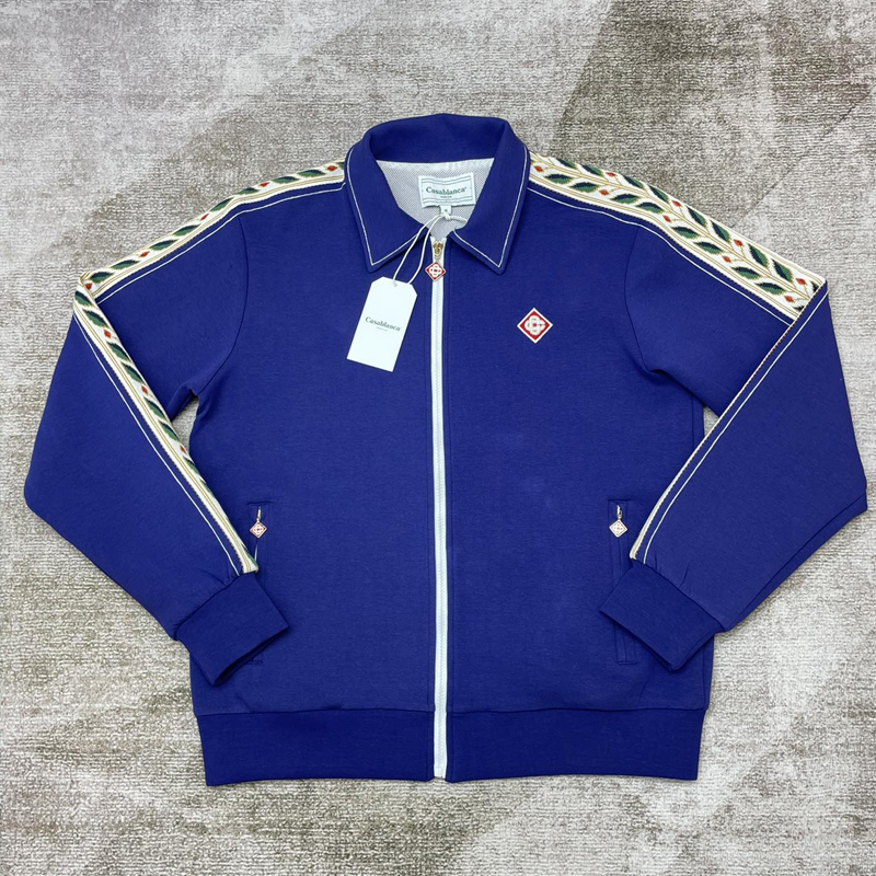 CASABLANCA jaqueta com zíper Cardigan casual com zíper com capuz Azul verde escuro marrom manga comprida Casaco com gola Medalhão bordado cardigã com zíper Outerwear SMLXL