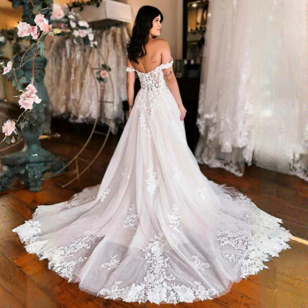 Fulllace Wedding Dress for Bride A-Line Off Shoulder Illusion Beaded Sequined Lace Tiered Tulle Sexy High Split Bridal Gowns for Marriage D109