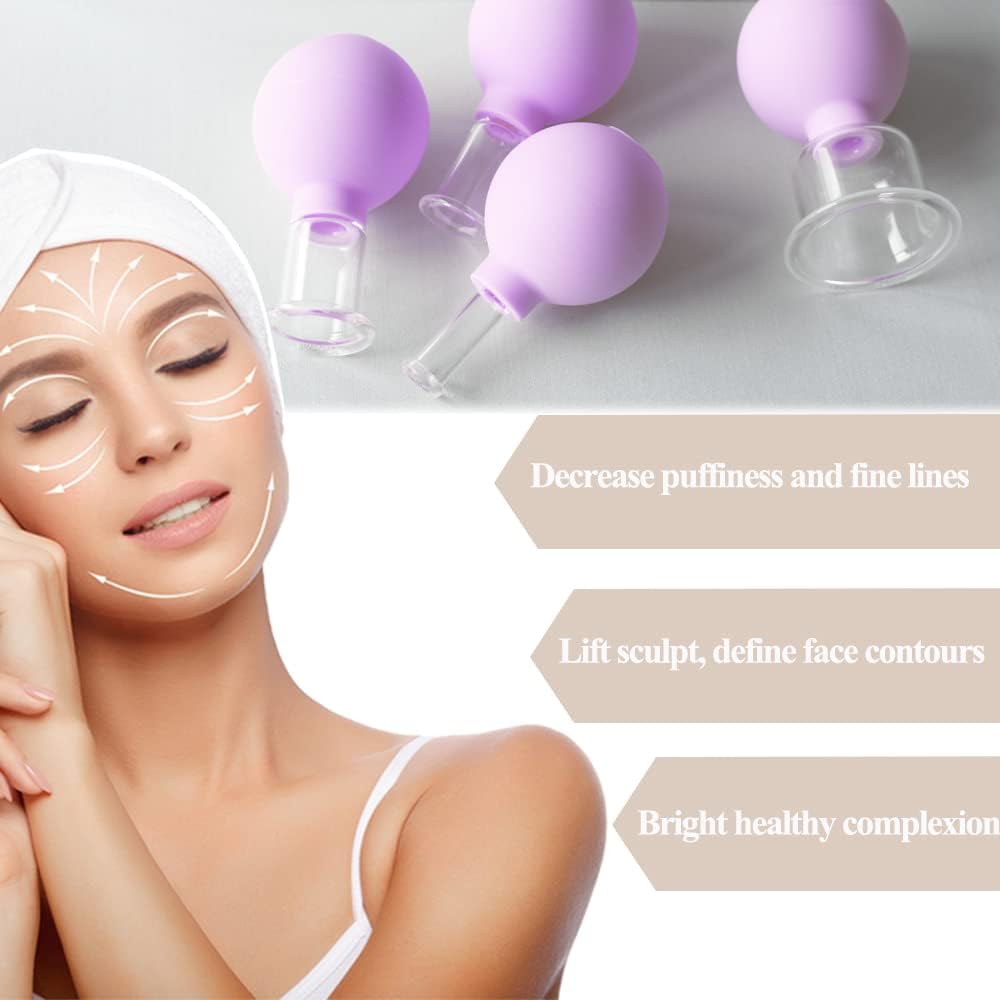 Conjunto de terapia de ventosas faciais, 4 peças, massageador facial, sucção a vácuo de silicone, anticelulite, terapia linfática para rosto e corpo