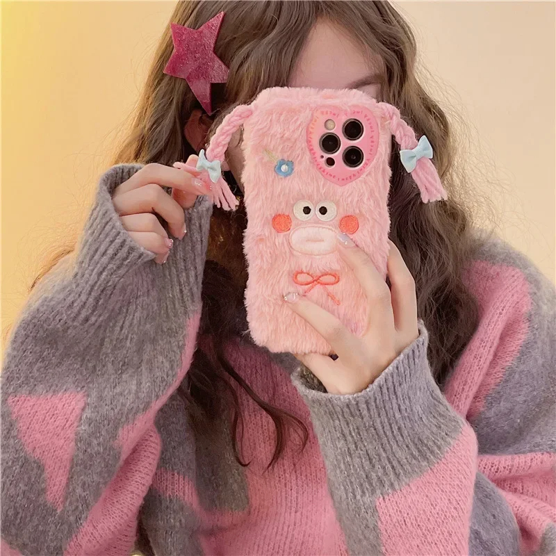 Coque de téléphone en peluche 3D Kawaii, étui de Protection arrière souple antichoc pour iPhone 11 12 13 14 15 Pro Max 14 Plus