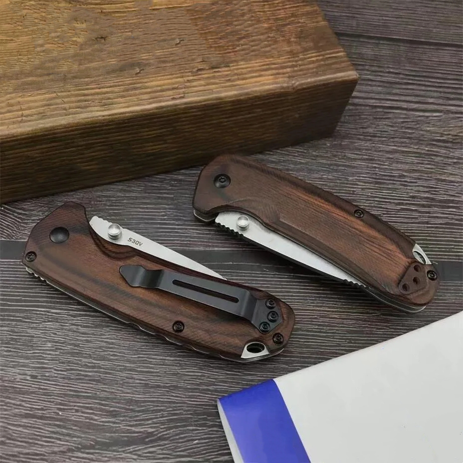 Promozione BM15031 Coltello pieghevole S30v Lama in raso con punta a goccia in legno con manico in lamiera di acciaio Escursione di campeggio esterna Pesca Coltelli tascabili EDC