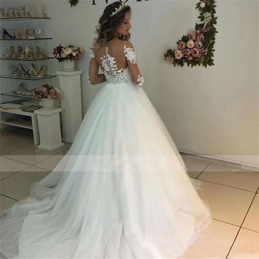 Sweet white bridal gown V-neck long sleeve decal A-line tulle floor-length wedding dress vestidos de novia