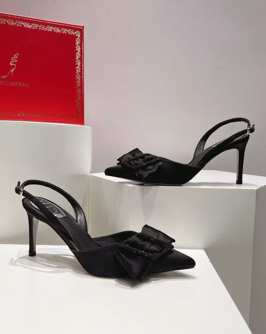 Luxury Design Renecaovilla Sara Sandals Shoes Women Slingback bow Embellished With Sparkling Rhinestones Walking Wedding,Party,Dress High Heels