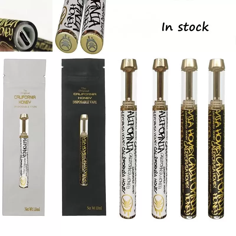 California Honey Disposable Vape Pen Empty E Cigarettes 1ml Gold Ceramic Coil Atomizers 400mah Rechargeable Battery Thick Oil Cartridges Package vs cake packwoods