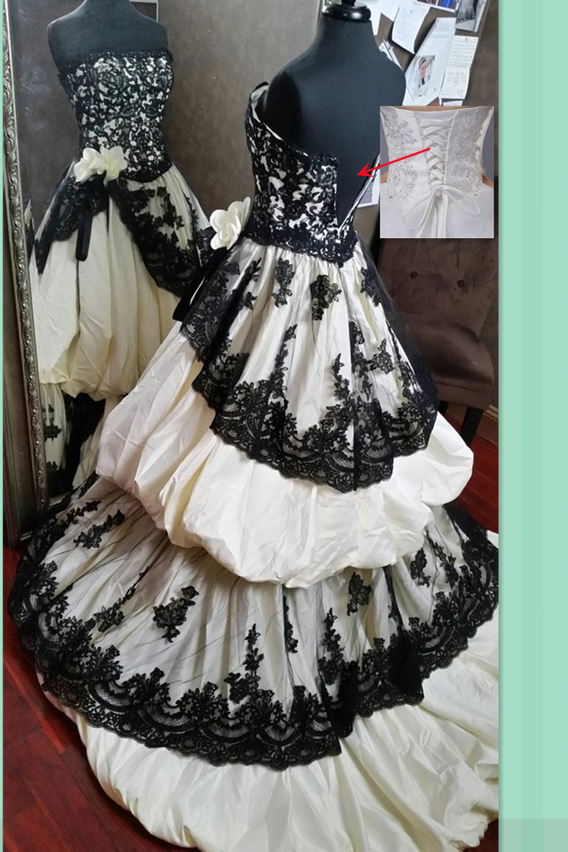 Abiti da sposa gotici in bianco e nero A Line Abiti da sposa senza spalline in pizzo a strati Abiti da sposa lunghi in taffetà Abito da sposa vintage Vestido De Novia con lacci sul retro