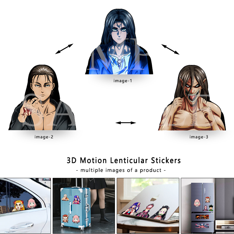 Großhandel und kundenspezifische Anime-Angriff auf Titan Eren 3D-Motion-Lentikularaufkleber für Autotassen, Kühlschränke, Skateboards, Koffer und kreative Geschenke