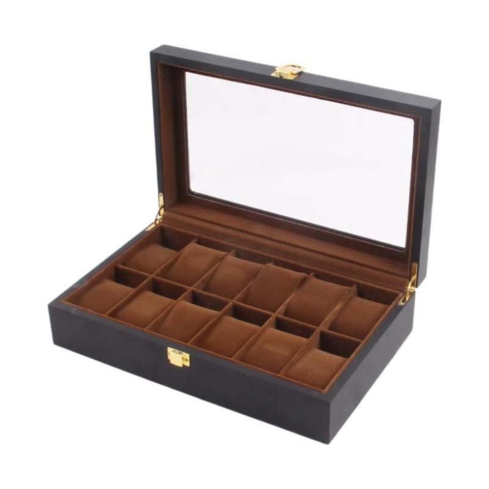 Boîtes de montres Coffrets en bois Porte-boîte de rangement Organisateur de luxe Rétro Solide Cercueil Cuir Verre anti-poussière 12 Epitopes Watc265D