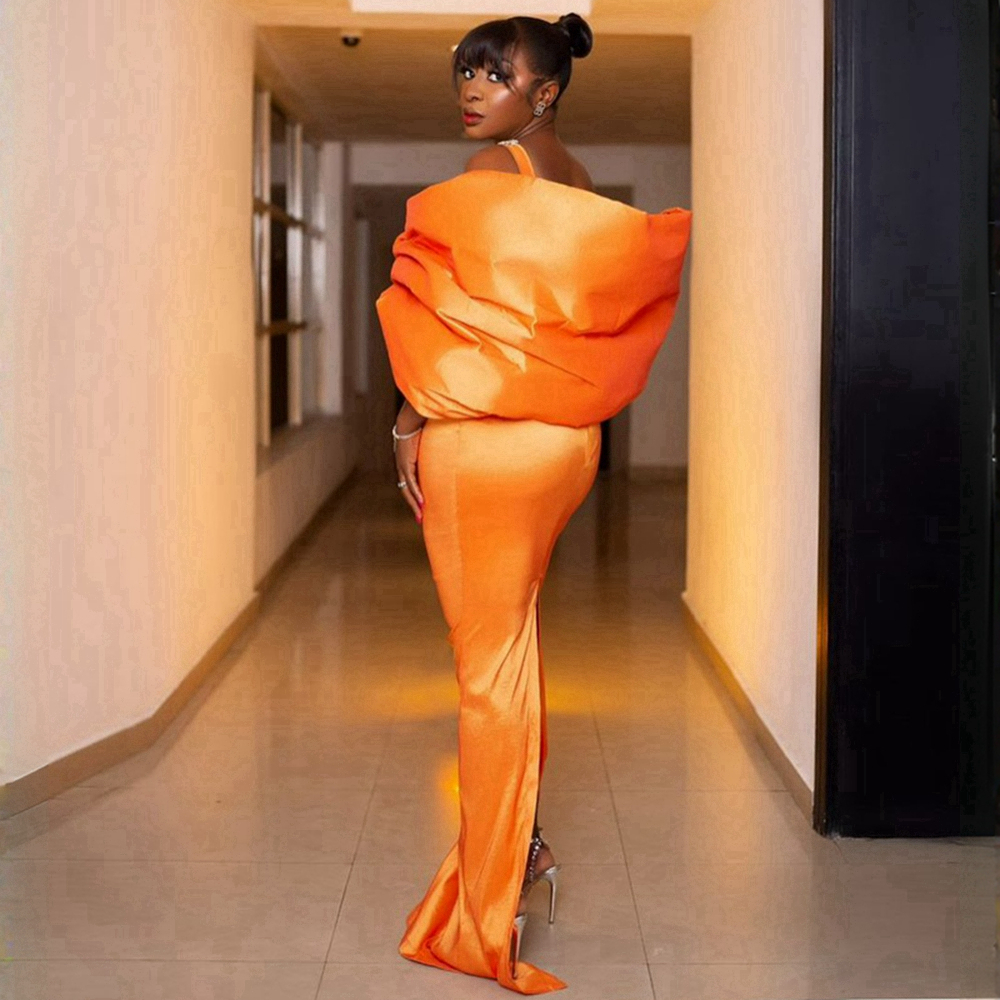 Orange Satin Prom Dresses for Black Women Nigeria African Beaded Mermaid Evening Dresses Elegant Birthday Party Dress Second Reception Gowns Dinner Gown NL488