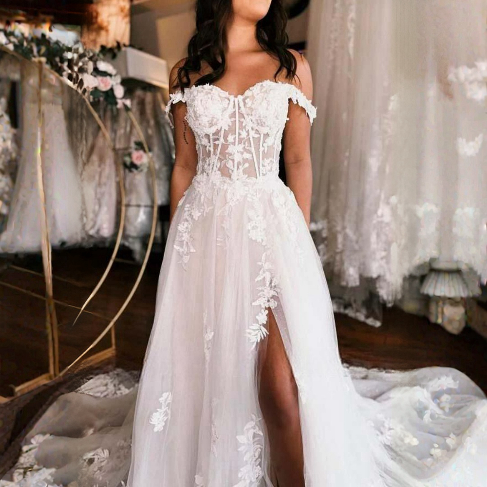 Fulllace Wedding Dress for Bride A-Line Off Shoulder Illusion Beaded Sequined Lace Tiered Tulle Sexy High Split Bridal Gowns for Marriage D109