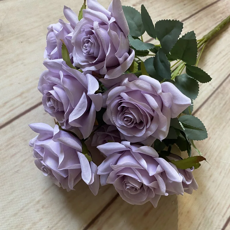 Boquqet – roses artificielles en soie, 9 têtes, décoration de mariage, Bouquet de mariée, événement de mariage, fête, décoration intérieure de la maison, fausses fleurs de roses