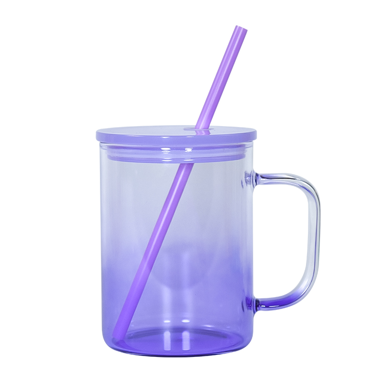 ¡En stock! Tazas de vidrio de sublimación de colores graduales de 17 oz con asa es Vaso reutilizable en blanco transparente con tapas y pajitas coloridas sin BPA LG36