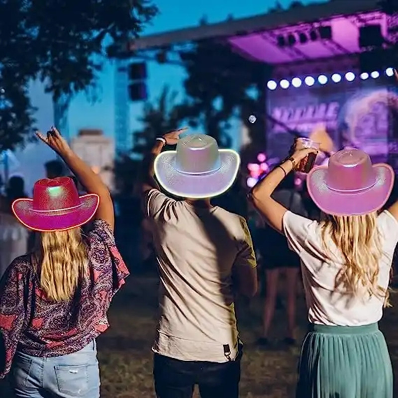 Holografisk eltråd ledande blinkande ljus upp cowboy hattar neon glittrande glitter utrymme cowgirl hatt fluorescerande luminösa hattar för halloween kostymfesttillbehör