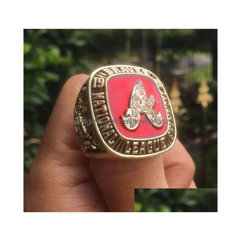 Cluster Rings 1991 Braves World Baseball Team Championship Ring With Wooden Display Box Souvenir Men Fan Gift 2023 Wholesale Drop De D Otnrg