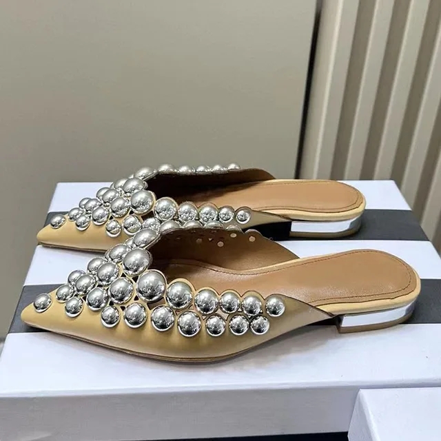 Luxury Crystal Flat Slippers Women Pointed Toe Rivet Studded Party Shoes Woman Summer Slides High Quality Satins Slippers Woman