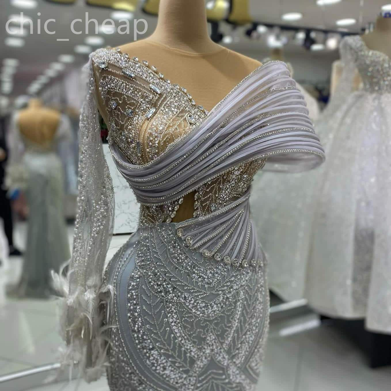 2024 ASO EBI Silver Mermaid Prom Dress Sheer Neck Crystals Crystals Formale Formale Secondo Accogliente Ottimo Compito Abiti abiti Robe De Soiree ZJ41