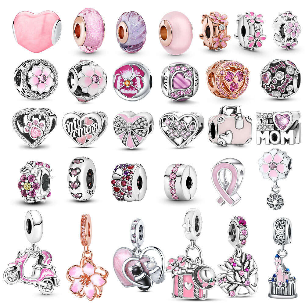 Pink Love Heart Murano Charm Fit Plata de Ley Original Armband 2024 Ny Collection Family Tree Argent Bijoux