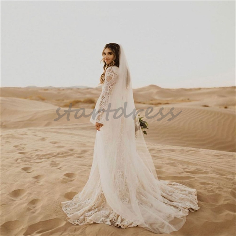 Fulllace Mermaid Wedding Suknia 2024 z długimi rękawami z płaski Eleganckie jesienne sukienki ślubne Rustyka