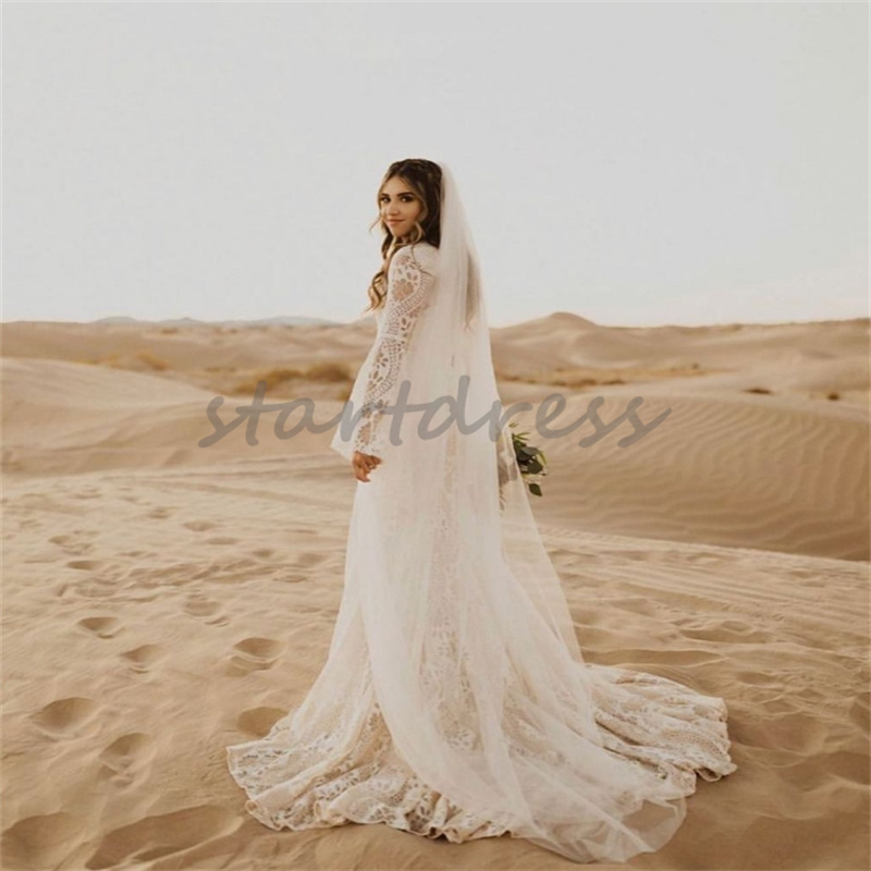 Abito da sposa a sirena fulllace 2024 con maniche lunghe svasate Abiti da sposa country rustici eleganti autunnali Sweep Train Abito da sposa hippy bohémien Robe De Mariee