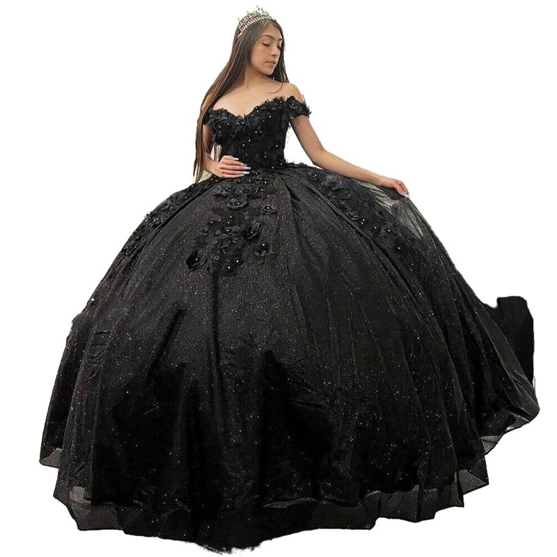 2024 Black Sexy Quinceanera Dresses Sequined Lace Appliques Crystal Beads Off Axla Hand Made Flowers Plus Size Formal Party Prom Evening Gowns Sweep Train