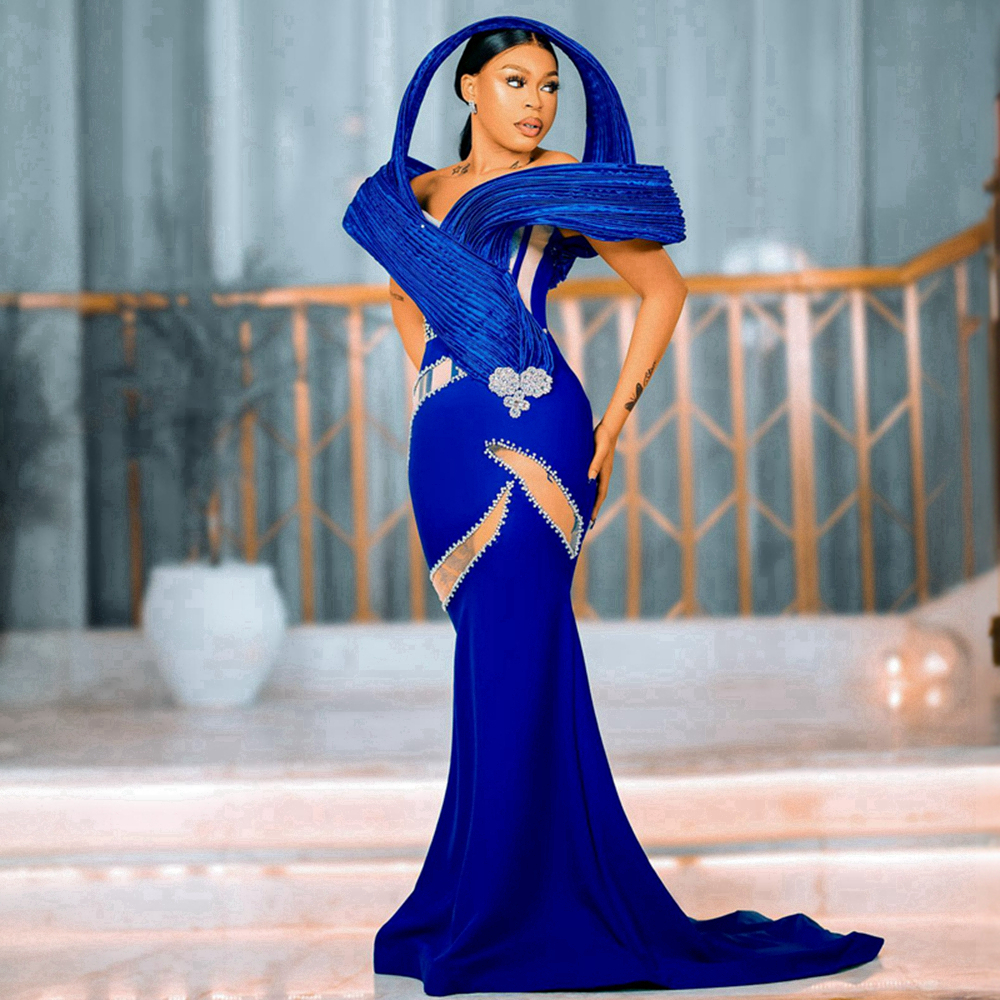 Bleu royal Aso Ebi Robes de bal pour femmes noires Illusion de sirène Robes de soirée formelles Robe de fête d'anniversaire Robes de fiançailles Occasions spéciales Robe simple NL496