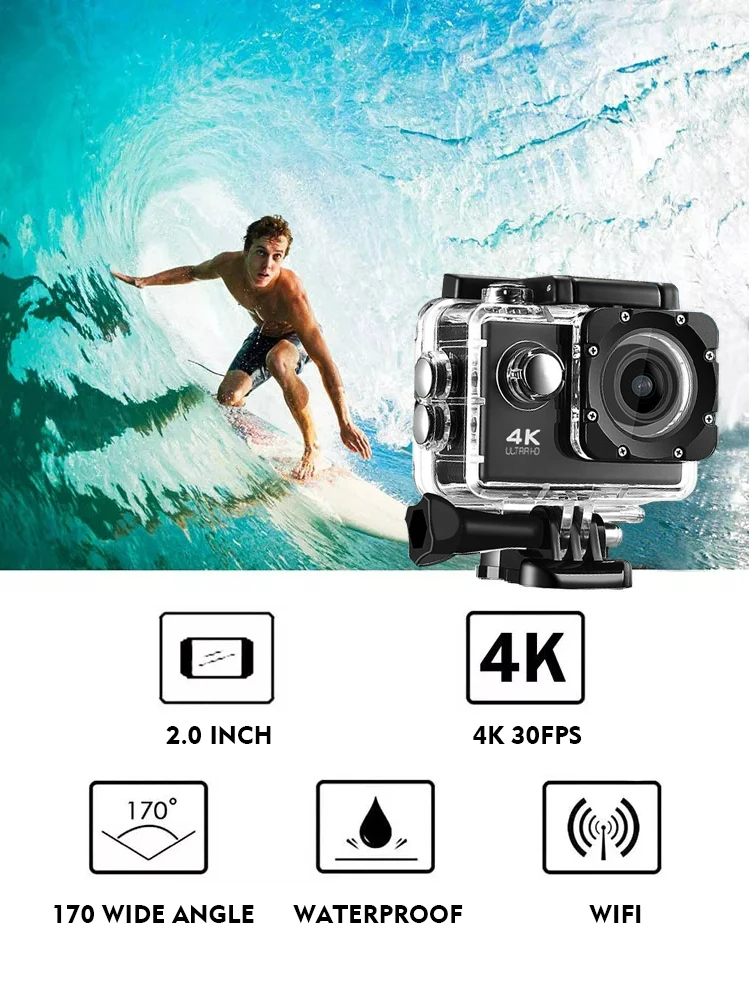 Câmera de ação 4K 30fps, câmeras subaquáticas de 30m/98 pés, câmera impermeável ultra HD 170° grande angular com APP, câmeras esportivas com 2 baterias, kit de acessórios de montagem