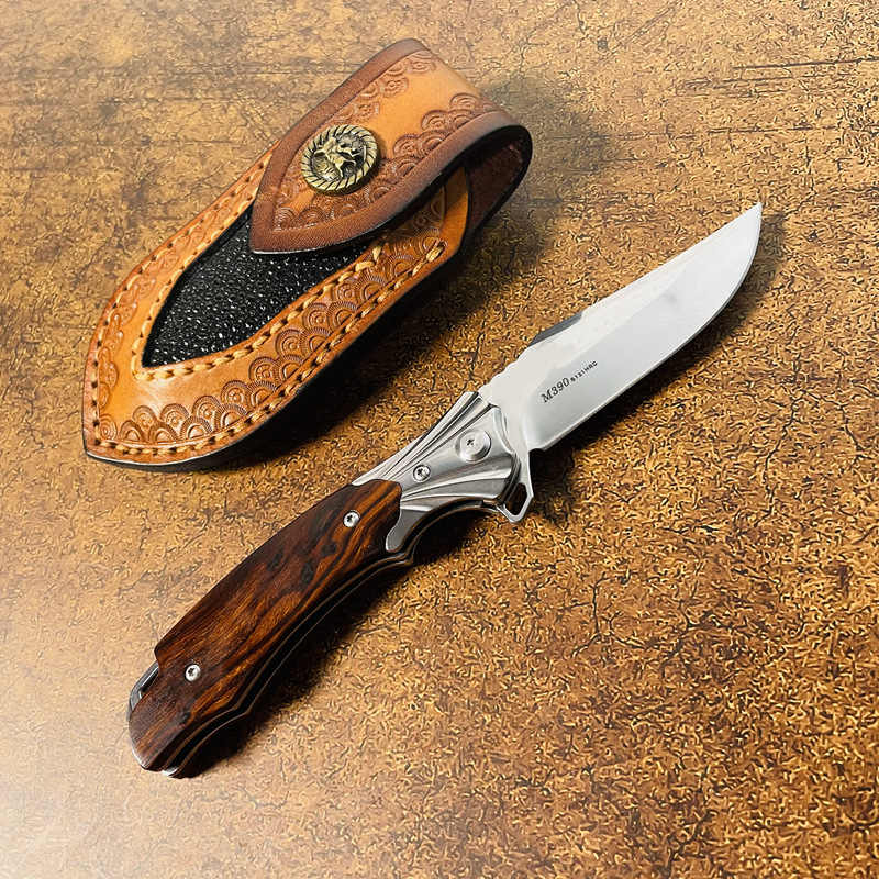 S7221 Flipper Folding Knife M390 Satin Tailing Point Blade Rosewood with Steel Head Handle EDC Pocket Folder Gift Knives Outdoor Tools