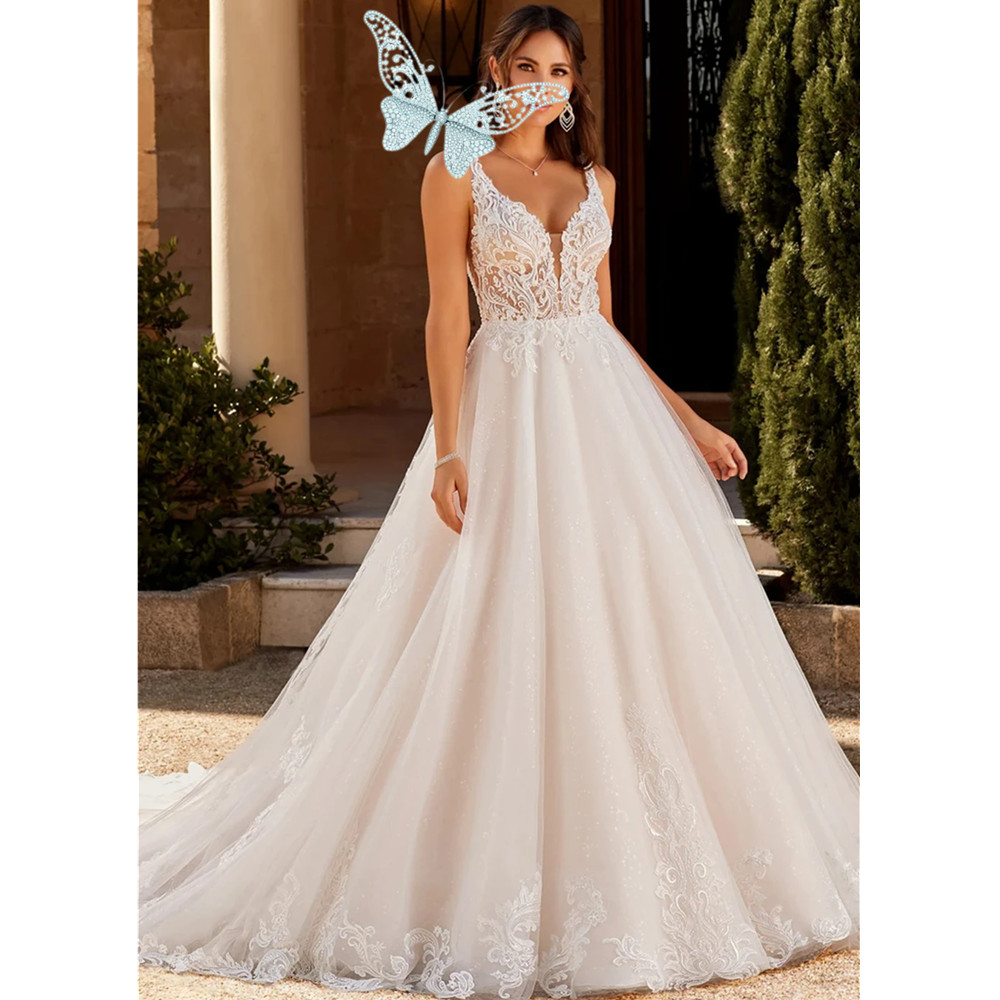 Backless Floral Wedding Dresses Exquisite A-line V Neck Bridal Gowns Applique Tulle Brides Gowns for Women Plus Size