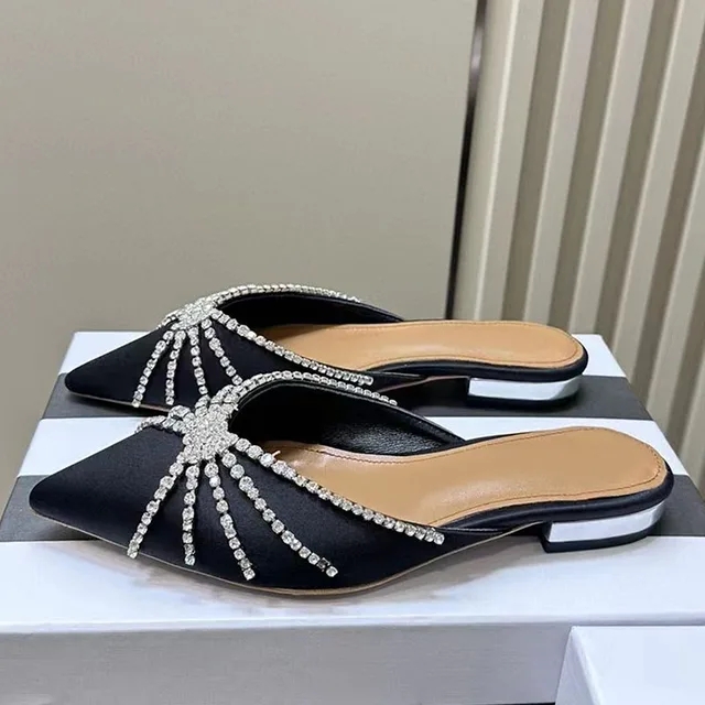 Luxury Crystal Flat Slippers Women Pointed Toe Rivet Studded Party Shoes Woman Summer Slides High Quality Satins Slippers Woman