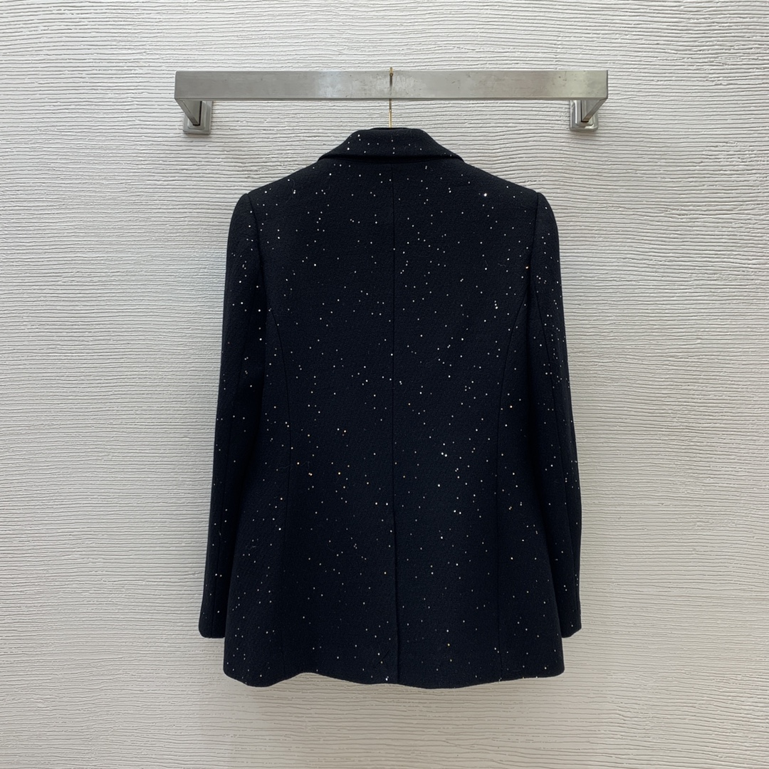 Blazer en Tweed de couleur unie, noir/ivoire, manches longues, revers cranté, paillettes, Double boutonnage, manteaux d'extérieur, printemps 2024, B4J12