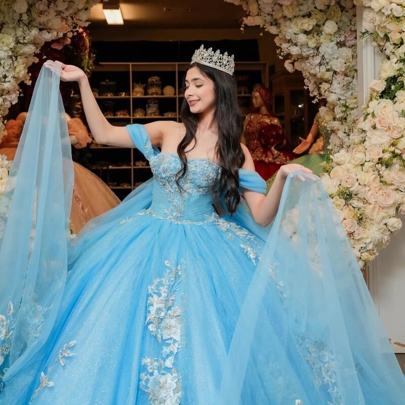 Princess Blue Shiny Off Shoulder Ball Gown Quinceanera Dress 3D Flowers Appliques Lace Beads Corset Vestido De 15 Anos Sweet 16