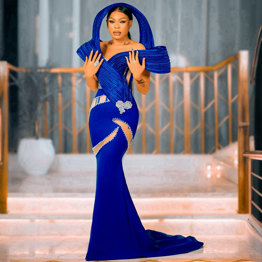 Bleu royal Aso Ebi Robes de bal pour femmes noires Illusion de sirène Robes de soirée formelles Robe de fête d'anniversaire Robes de fiançailles Occasions spéciales Robe simple NL496