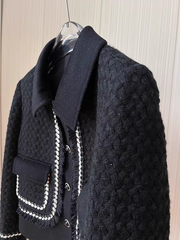Tweed coat shavera stickad beskuren topp svart vit beige tasseljacka högkvalitativ enkelbröst jacquard