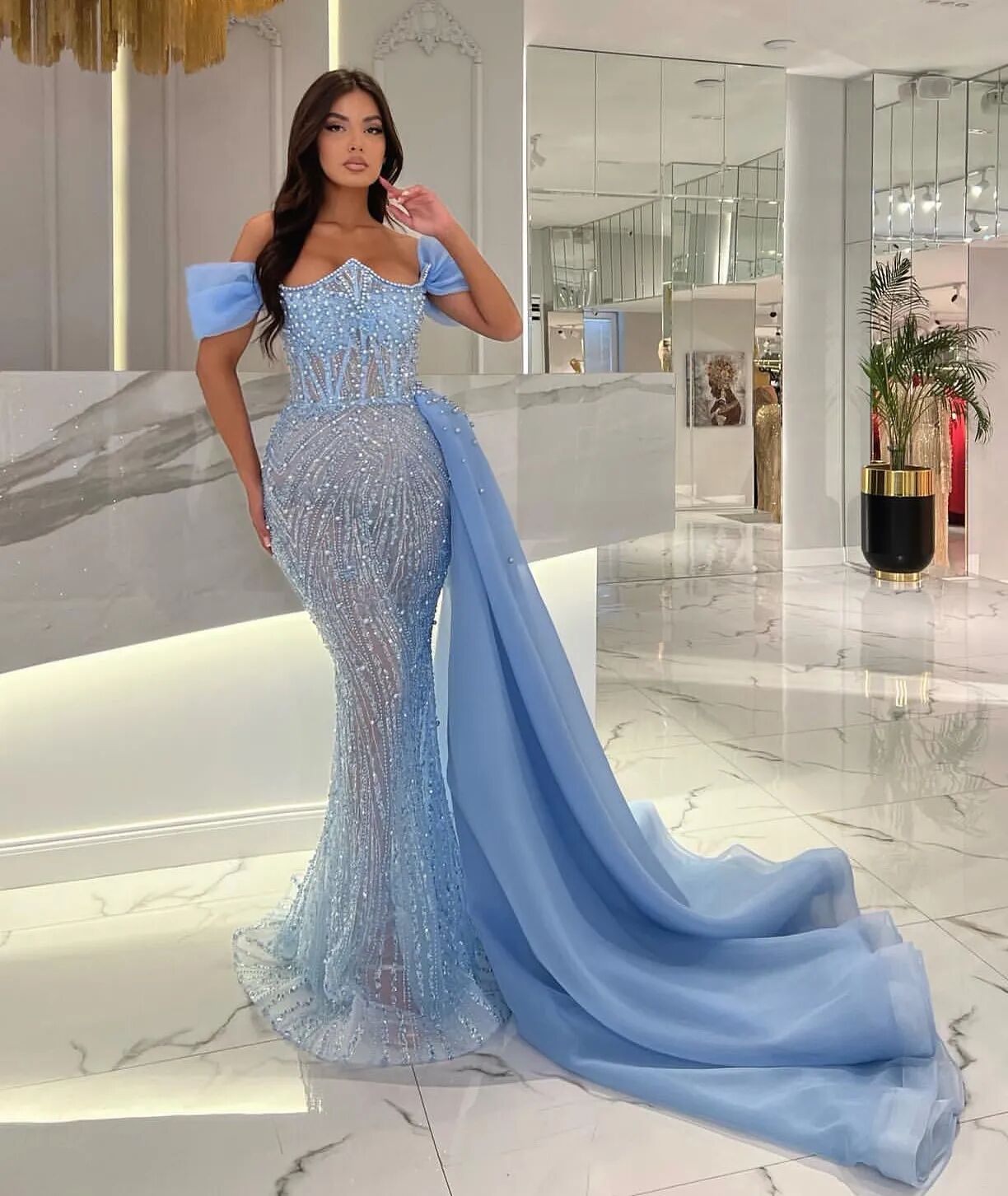 Luxury Pearls Mermaid Evening Dresses Off Shoulder Prom Dress Detachable Train Sequined Beaded Formal Party Dress for Special Occasion