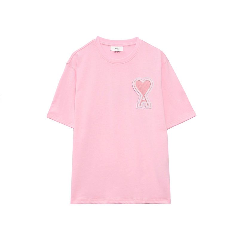 T-shirt de amor bordado de manga curta masculina e feminina de algodão solto em torno do pescoço camiseta casal meia manga designer camiseta alta versão pêssego coração 123