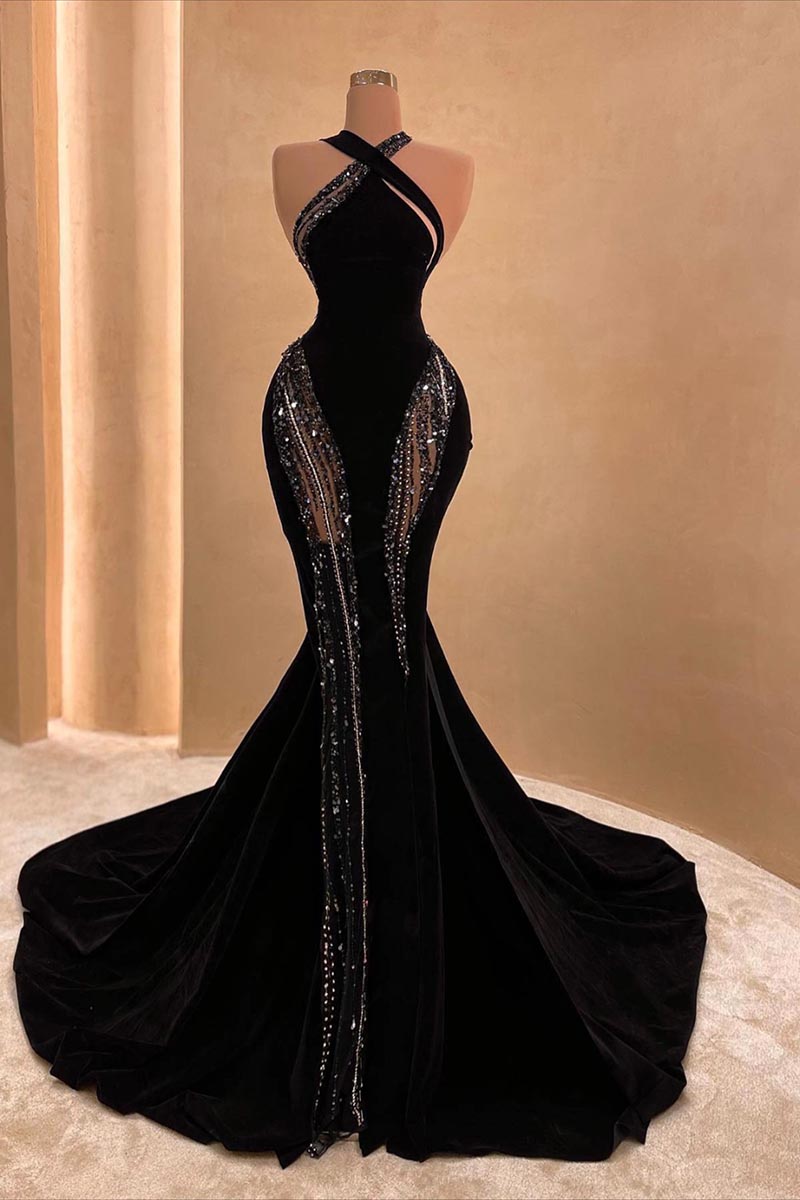 Robes de bal sirène simples licou sexy sans manches en dentelle pailletée robe d'occasion formelle Aso Ebi robes de soirée