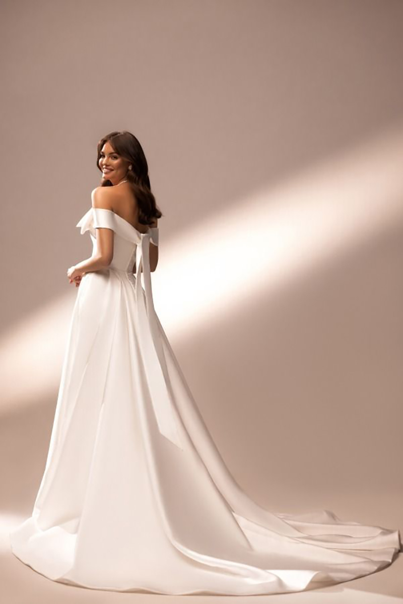 Simples vestido de casamento branco de cetim fora do ombro uma linha vestidos de noiva com arco grande vestidos de noiva feitos sob encomenda