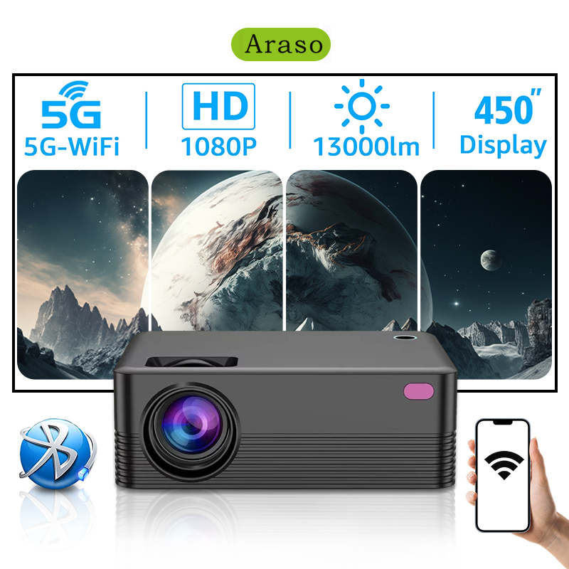 Projector Android 10 Taşınabilir Video Beamer Film Evi Sineması WiFi BT5.0 1280*720P Video Sesi