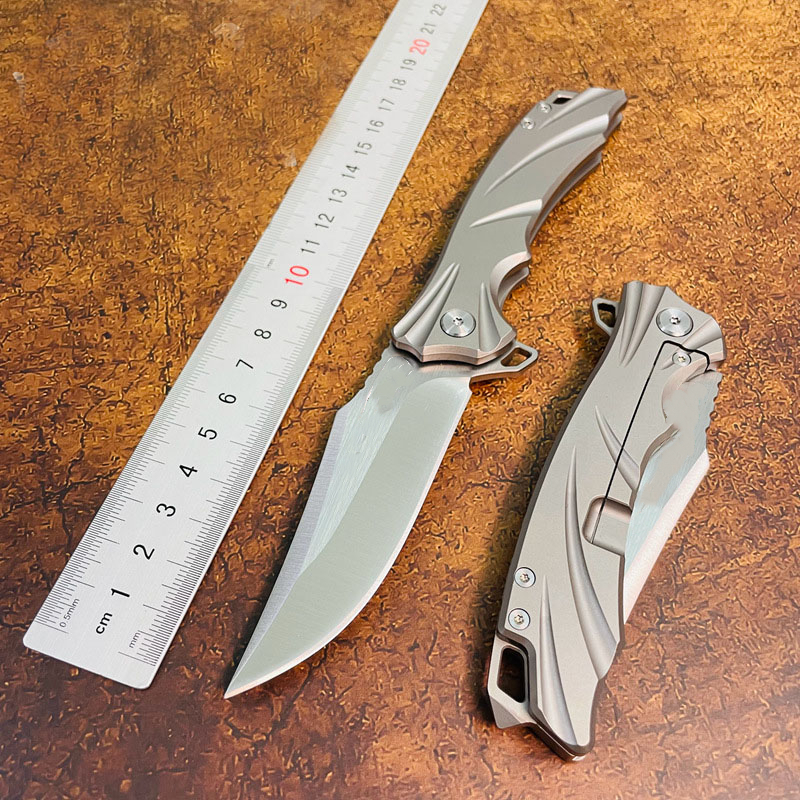 S7218 Flipper Folding Knife M390 Satin Straight Point Blade TC4 Titanium Alloy Handle Outdoor EDC Pocket Folder Knives with Nylon Case