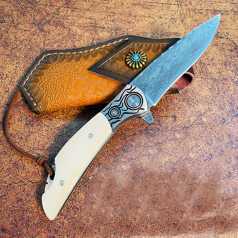 S7219 Flipper Folding Knife Damascus Steel Straight Point Blade Bone with Steel Head Handle Ball Bearing Fast Open Folder Knives with Leather Sheath MY