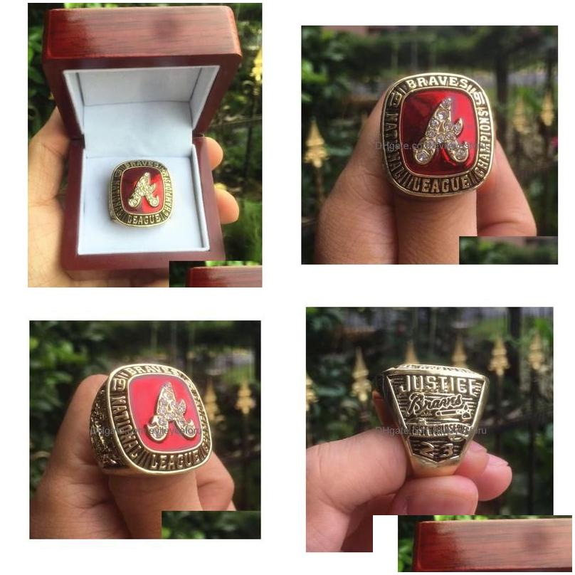 Cluster Rings 1991 Braves World Baseball Team Championship Ring With Wooden Display Box Souvenir Men Fan Gift 2023 Wholesale Drop De D Otnrg