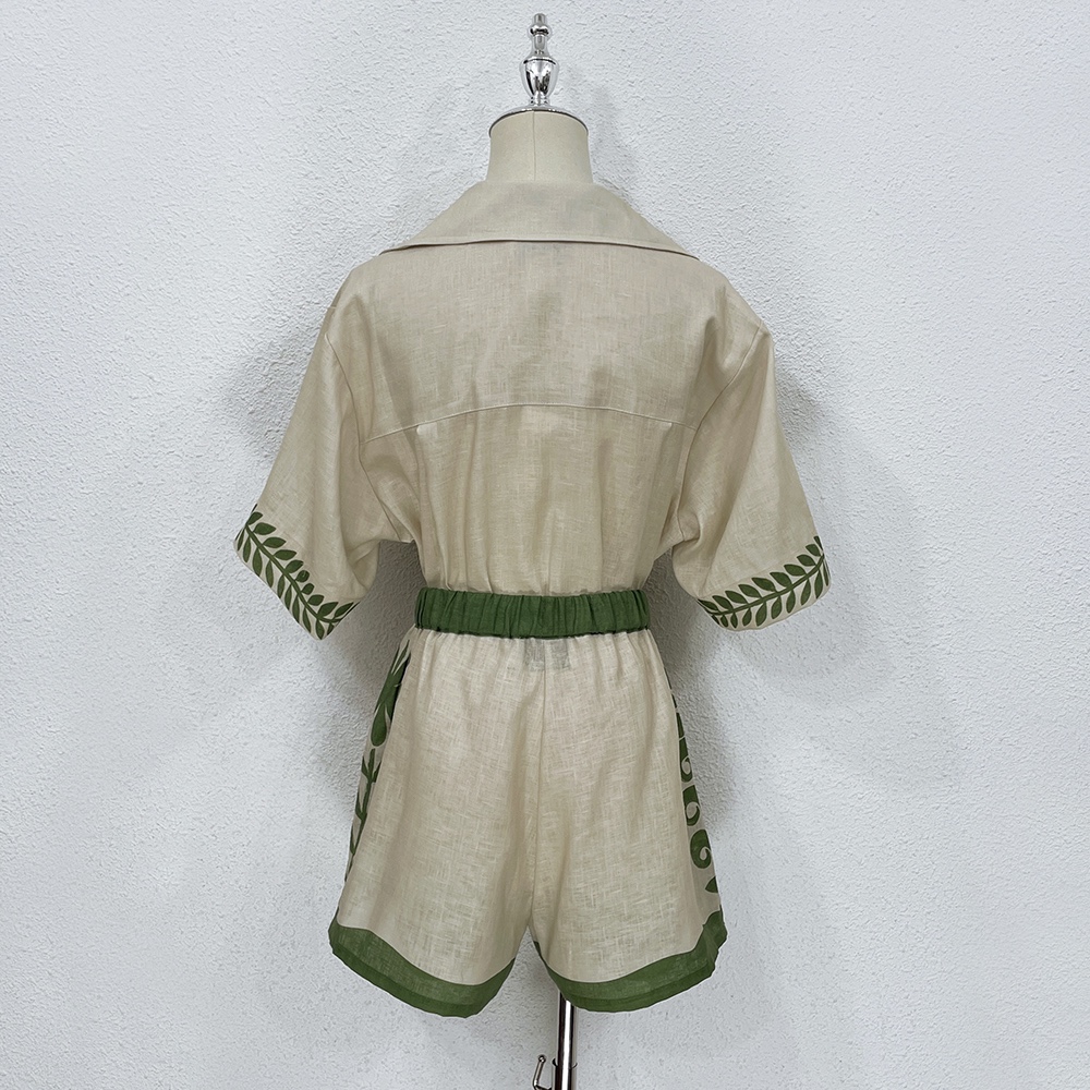 1.12 Blusa de linho com estampa de folhas verdes para férias na praia ou shorts de cintura alta com cordão conjunto feminino