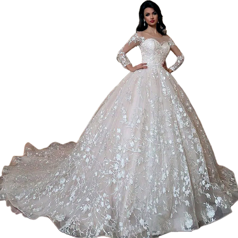 Princess Lace Ball Gown Wedding Dresses Court Train Long Sleeves Scoop Neck Elegant Romantic Bridal Gowns Customize Robe De Mariee 2024