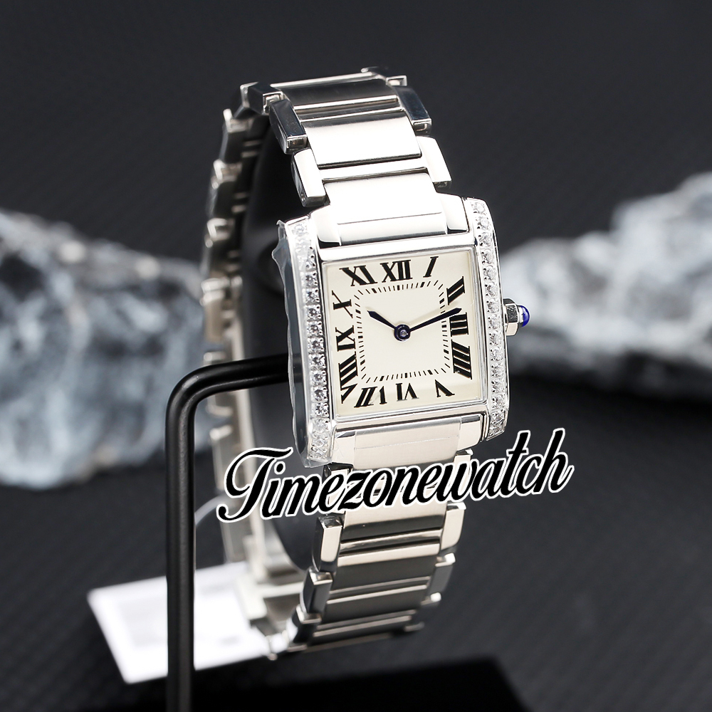 25mm Ny W4TA0008 Swiss Quartz Womens Watch Roman Markers White Dial Diamond Bezel rostfritt stålarmband Lady Dress Watches Twcr TimezoneWatch Z18b