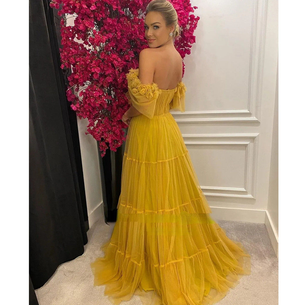 Robe de bal trapèze jaune, épaules dénudées, fleurs 3D, robes de soirée en Tulle à plusieurs niveaux, dos ouvert, robes de bal formelles YD