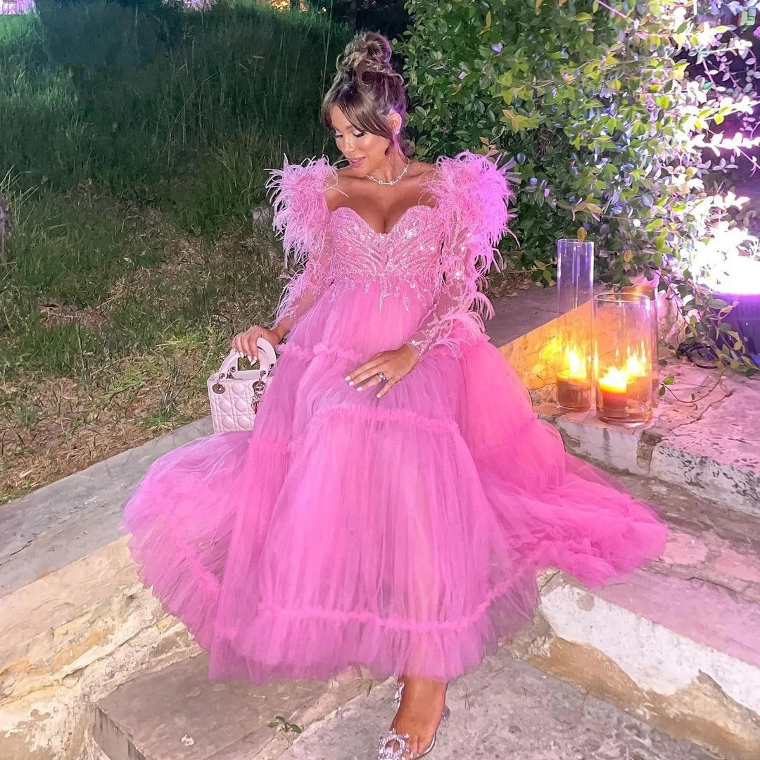 Hot Pink Dubai Prom Dresses Ball Gown Long Sleeves Sweetheart Ruffles Soft Tulle Formal Evening Gowns YD
