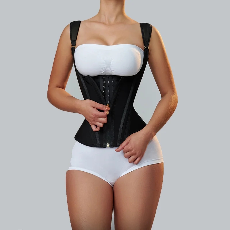 Fajas Colombianas – Corset d'entraînement à la taille à Double Compression pour femmes, avec fermeture éclair réglable en os et yeux à crochet, ventre plat modelant le corps