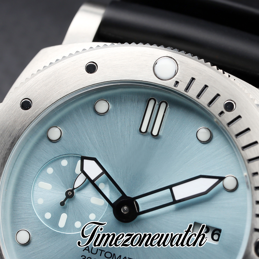 DJF V7 New Dive SUB Ice Blue 3255 Automatik-Herrenuhr, Stahlgehäuse, schwarzes Kautschukarmband, Herren-Lefty-Uhren, 47 mm, limitierte Auflage, Zeitzonenuhr Z04A