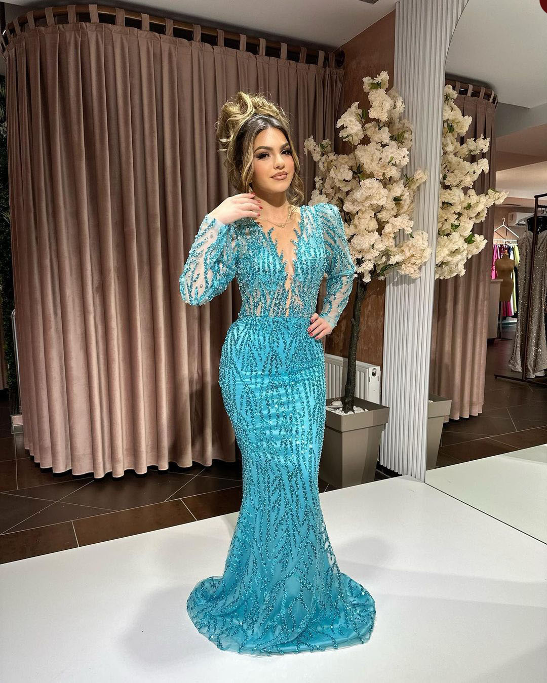 Exquisite Beading Mermaid Evening Dresses V-Neck Portrait Special Occasion Dresses Tulle Women Sweep Train Prom Gowns for Party Customized Size D-L24017