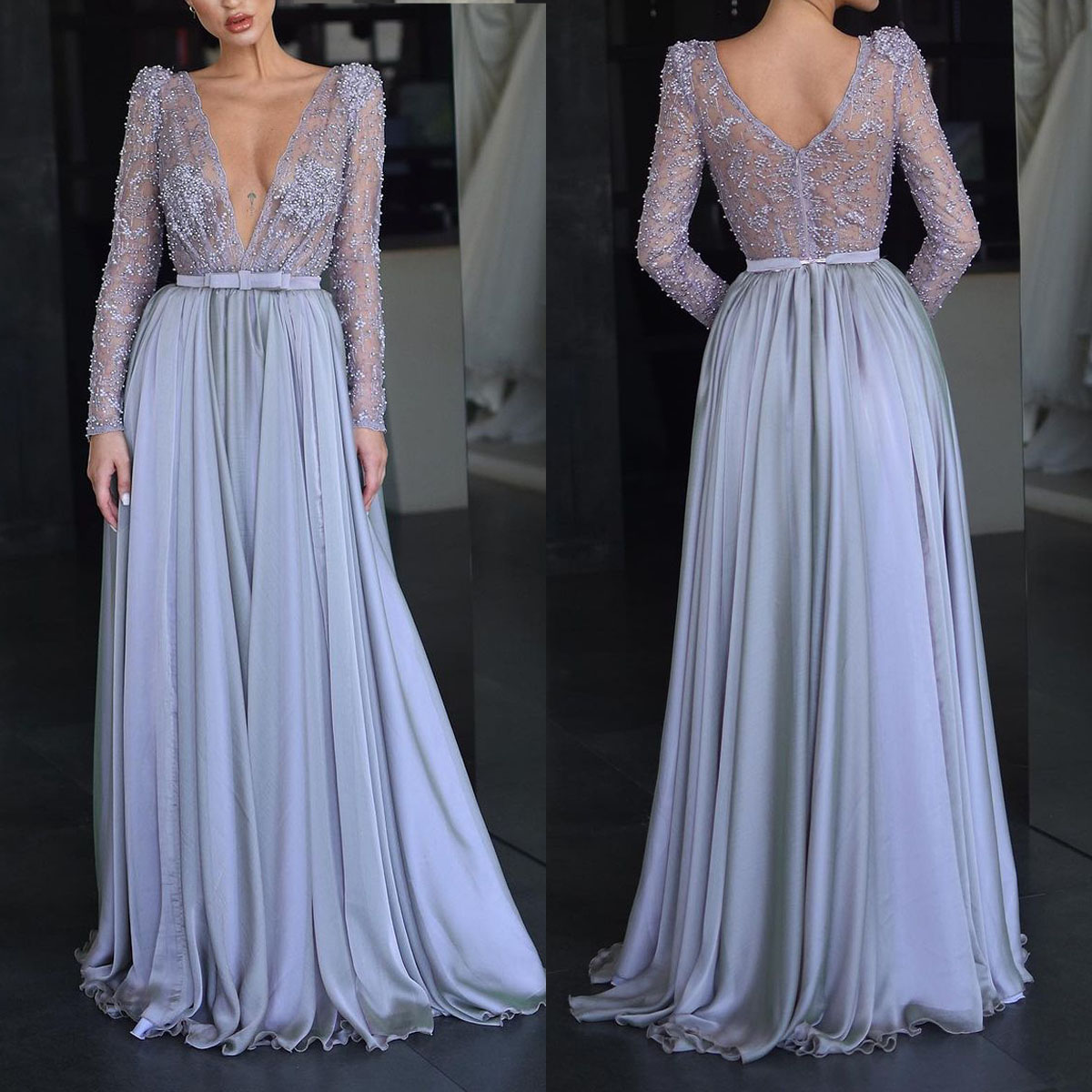 Sexy A-Line Evening Dresses Deep V-Neck With Sweep Train Occasion Dress Portrait Chiffon Prom Gowns for Party Vestido De Noiva Customized Size D-L24012